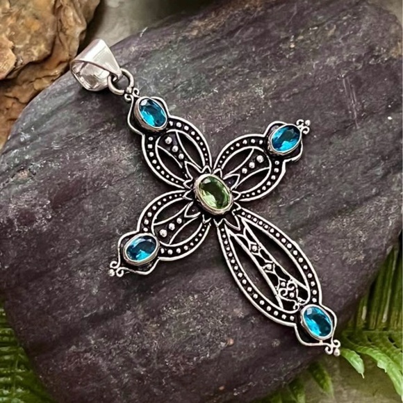 Blue Topaz & Peridot Sterling Silver 2.5” Cross Pendant - Picture 6 of 7